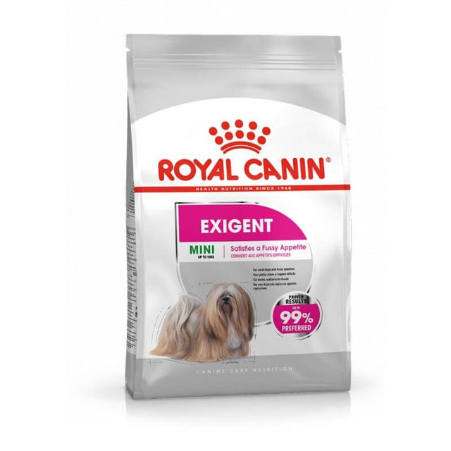 Royal Canin Mini Exigent Adult Dog Food bag, designed for small breed dogs with fussy appetites, featuring unique kibble textures.