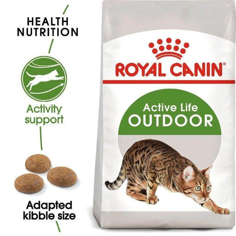 Royal Canin Outdoor cat food bag with active life nutrition and adapted kibble for outdoor cats.
