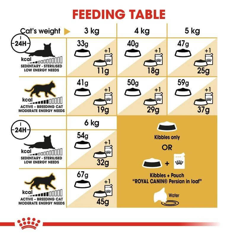 Feeding table for Royal Canin Persian cat food, showing daily kibble and pouch portions based on cat weight.