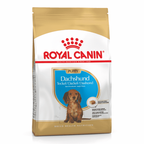 Royal Canin Puppy Dachshund Dog Food 1.5kg bag for healthy growth and joint support in Dachshund puppies.