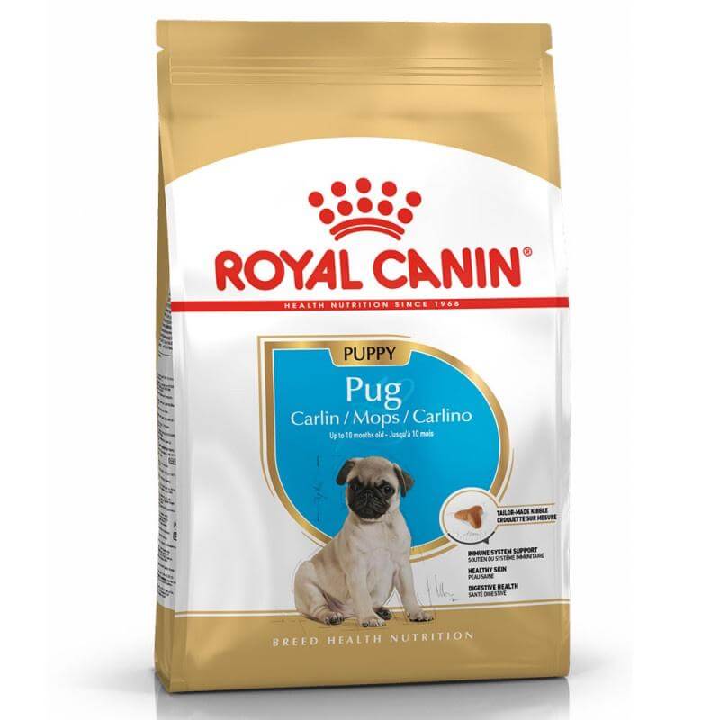 Royal Canin Puppy Pug Dog Food 1.5kg packaging designed for Pug puppies, supports skin health and digestion.