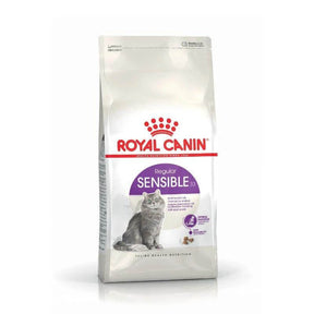 Royal Canin Sensible Cat Food bag for adult cats with digestive sensitivity, promoting feline health and wellness.