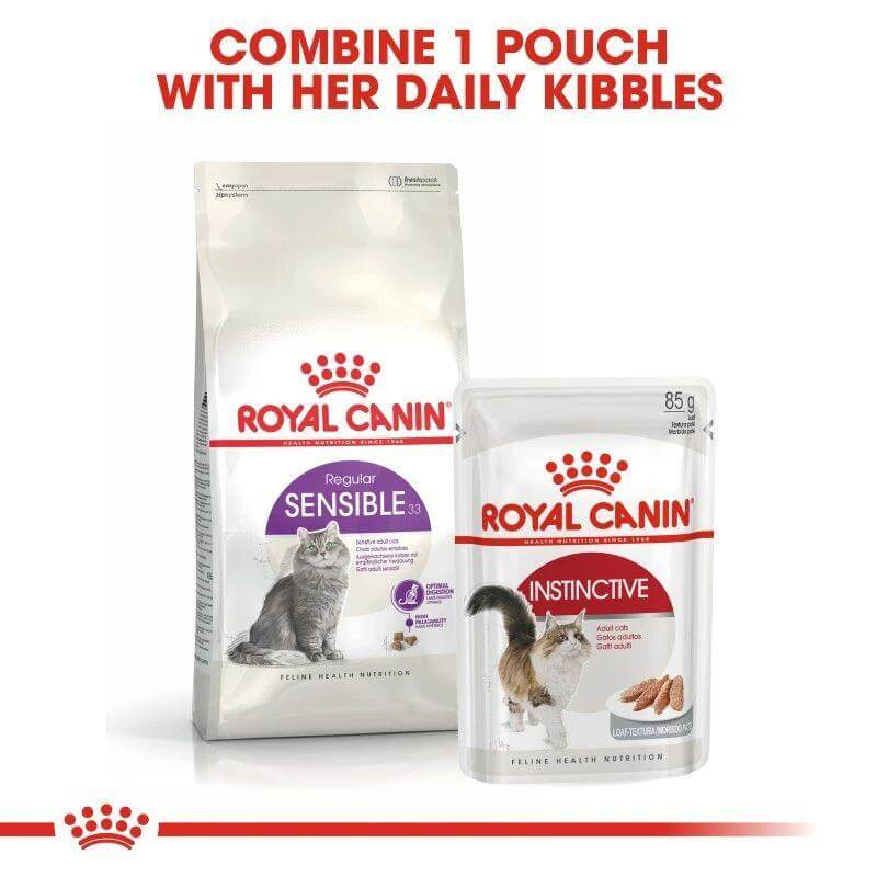 Royal Canin Sensible and Instinctive cat food pouches and kibble pack, promoting digestive health for adult cats.