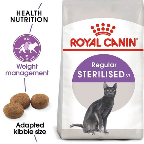 Royal Canin Sterilised 37 cat food bag, designed for weight management and health nutrition, featuring adapted kibble size.