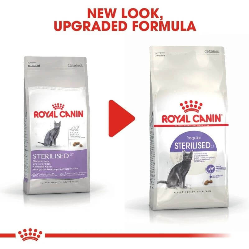 Royal Canin Sterilised 37 Cat Food packaging comparison showing new look and upgraded formula for neutered cats.