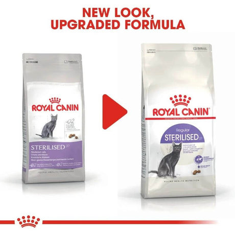 Royal Canin Sterilised 37 Cat Food packaging comparison showing new look and upgraded formula for neutered cats.