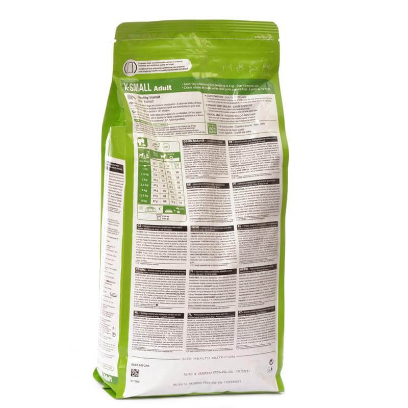 Back view of Royal Canin X-Small Adult Dog Food 1.5kg package showing nutritional information and feeding guidelines.