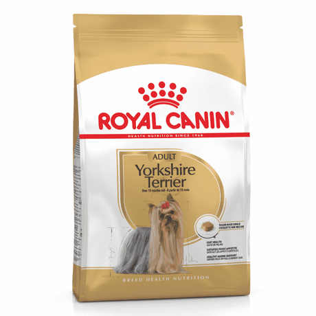 Royal Canin Yorkshire Terrier Adult Dog Food bag featuring high-quality nutrition for Yorkies over 10 months old.