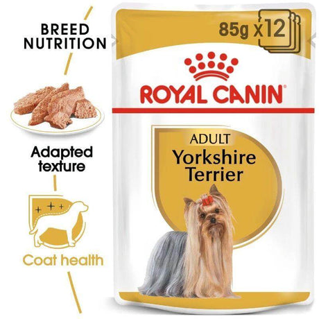 Royal Canin Yorkshire Terrier Adult Wet Food Pouch 85g with breed nutrition and coat health benefits for dogs.