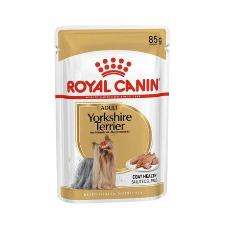Royal Canin Yorkshire Terrier Adult Wet Food 85g pouch with a loaf formula for dog coat health and nutrition.