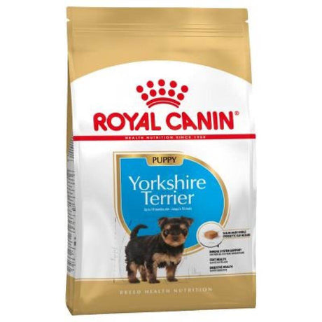 Royal Canin Yorkshire Terrier Puppy Food 1.5kg bag, designed for puppies up to 10 months, supports coat and digestive health.
