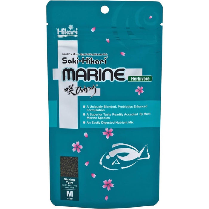 Saki-Hikari Marine Herbivore fish food 90g package featuring probiotic pellets for marine fish in a vibrant blue design.