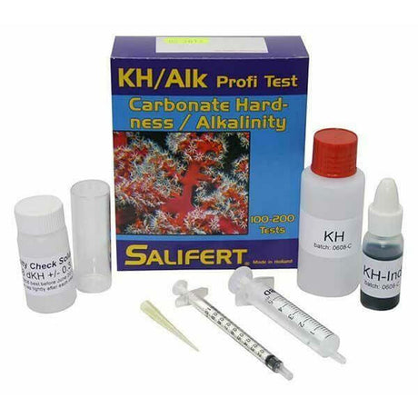 Salifert Alkalinity Marine Test Kit components including reagents, test vials, and instructions for measuring carbonate hardness.