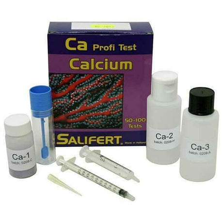 Salifert Calcium Marine Test Kit with test vials, syringes, and instructions for accurate calcium measurement.