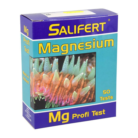 Salifert Magnesium Marine Test Kit packaging featuring coral, 50 tests for accurate magnesium assessment in aquariums.
