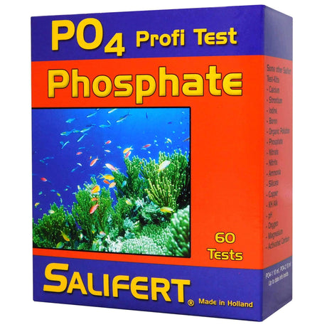 Salifert Phosphate Marine Test Kit box showcasing coral and fish, 60 tests for accurate phosphate measurement.