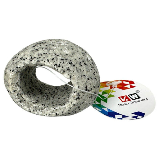 Sandstone aquarium rock ornament extra small with hole for fish shelter and decoration, featuring a speckled gray design.