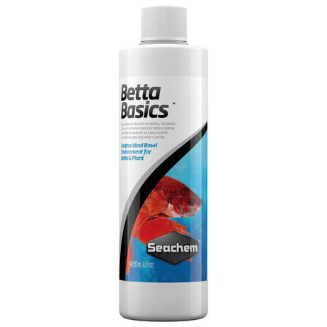 Seachem Betta Basics bottle designed for optimal betta and plant environment, removes chlorine and ammonia, buffers pH to 7.0.