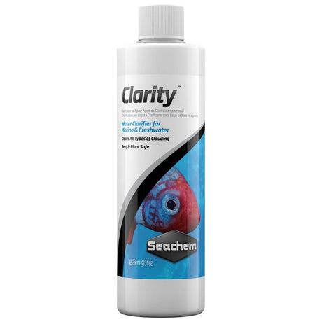 Seachem Clarity water clarifier bottle for marine and freshwater, clears clouding, reef and plant-safe formula.