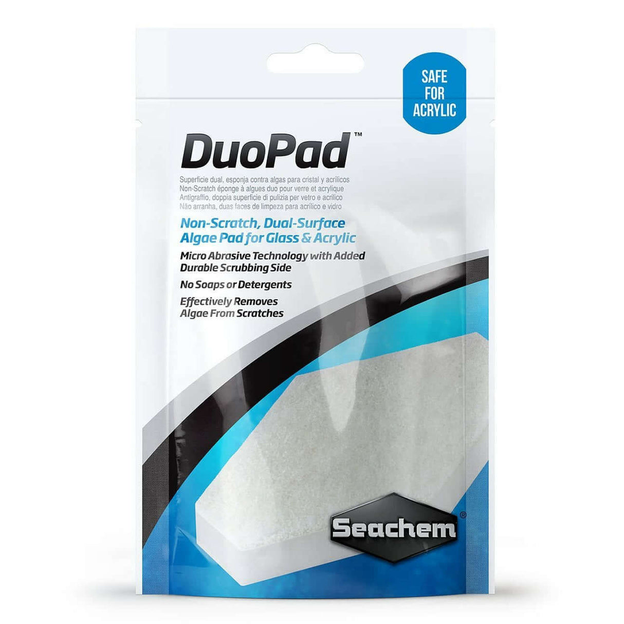 Seachem DuoPad packaging for algae removal in glass and acrylic aquariums, featuring dual-surface design for effective cleaning.