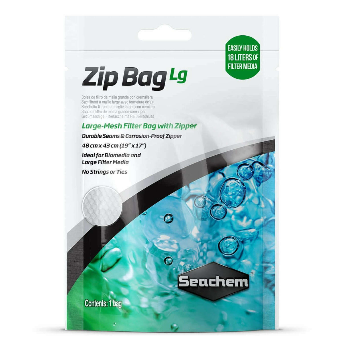 Seachem Zip Bag Large-mesh filter bag with corrosion-resistant zipper, 48 cm x 43 cm, holds 18 liters of filtration media.
