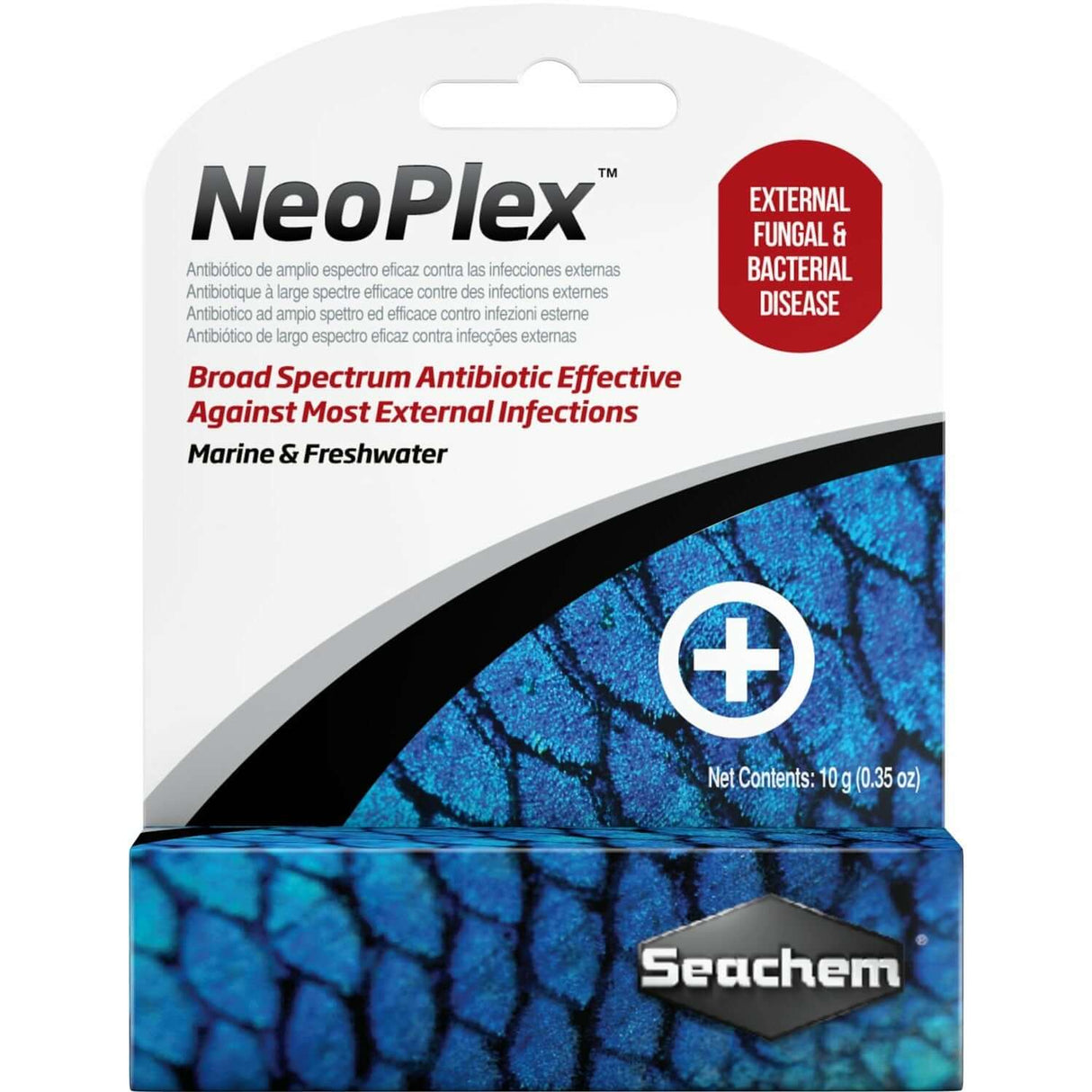 Seachem NeoPlex 10g packaging for external infections in marine and freshwater fish, broad-spectrum antibiotic.