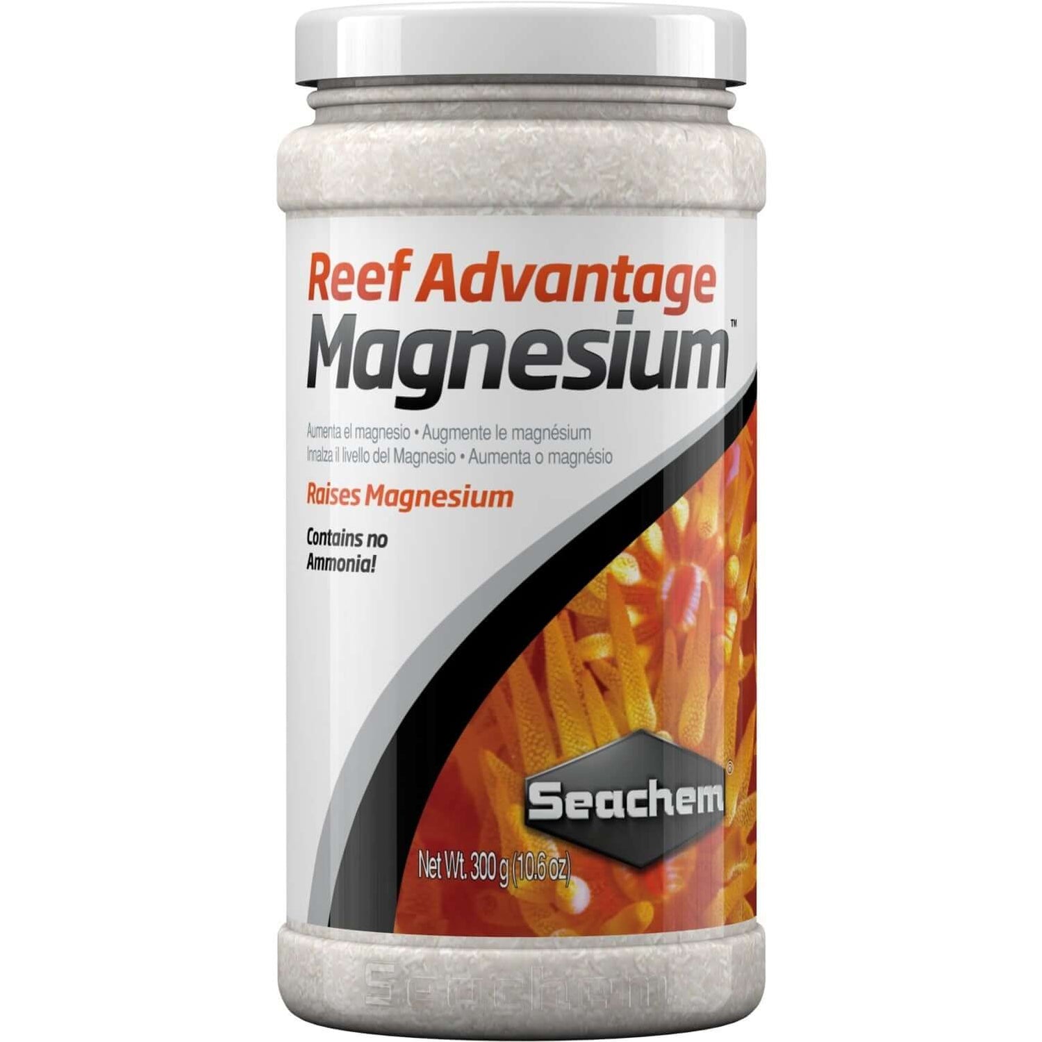 Seachem Reef Advantage Magnesium container enhances magnesium levels for aquariums, no ammonia, 300g product packaging.