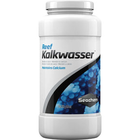 Seachem Reef Kalkwasser container for maintaining calcium levels in aquariums, 250g, pure calcium hydroxide solution.