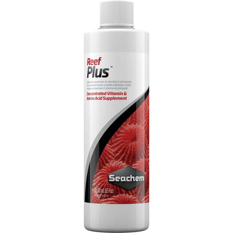 Seachem Reef Plus bottle, concentrated vitamin and amino acid supplement for fish and coral health.