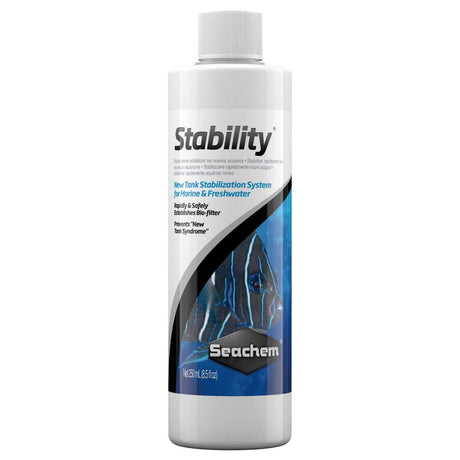 Seachem Stability bottle for aquarium biofilter stabilization, preventing new tank syndrome in marine and freshwater systems.