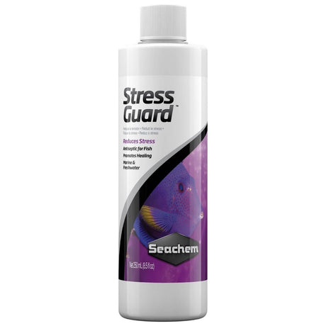 Seachem StressGuard bottle for fish care, reduces stress and promotes healing in marine and freshwater environments.