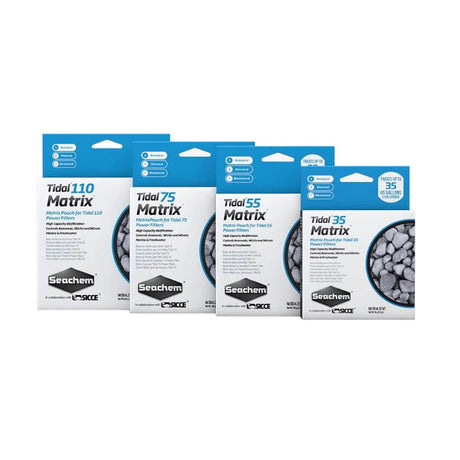 Seachem Tidal Matrix Media Replacement bags for 35, 55, 75, and 110 filters, featuring durable design and high porosity for biofiltration.