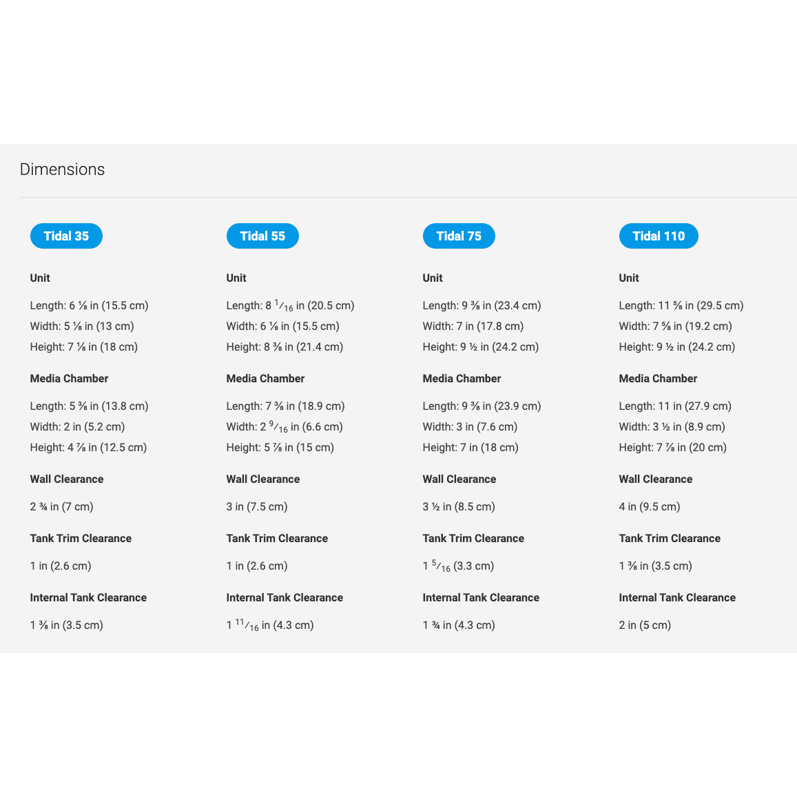 Dimensions chart for Seachem Tidal Power Filters: Tidal 35, 55, 75, and 110 specifications.