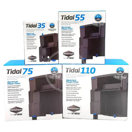 Four Seachem Tidal Power Hang-On Filters boxes including Tidal 35, 55, 75, and 110, showcasing aquarium filtration options.
