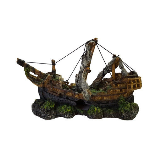 Shipwreck aquarium ornament featuring a detailed sunken ship design with moss for an underwater adventure.