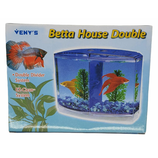 Veny's Betta House Double aquarium with double divider system and vibrant fish. Ideal for Betta fish isolation.