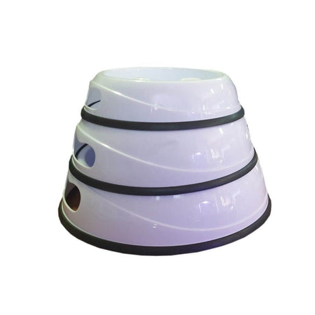 Slow feeding pet bowl designed with ridges to promote healthy eating habits and slow down pet feeding pace.