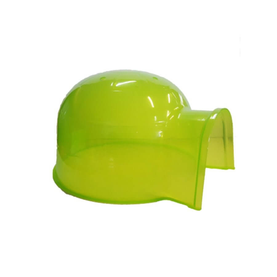 Bright green plastic hide-out castle for small animals like hamsters and rats, providing a cozy nesting space.