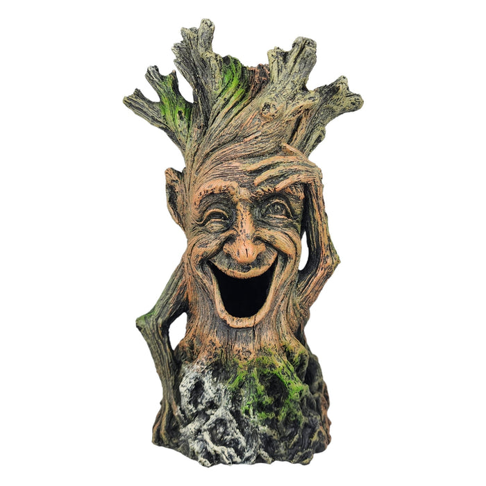 Smiling tree stump aquarium ornament adding charm and whimsy to aquatic decor with detailed features and vibrant colors.