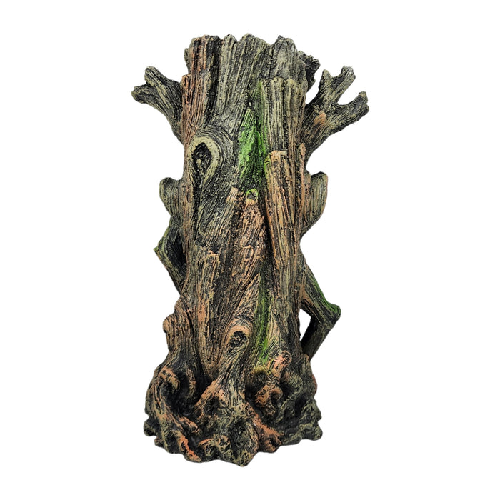 Smiling tree stump aquarium ornament designed to add whimsy and charm to aquatic environments. Perfect for unique decor.