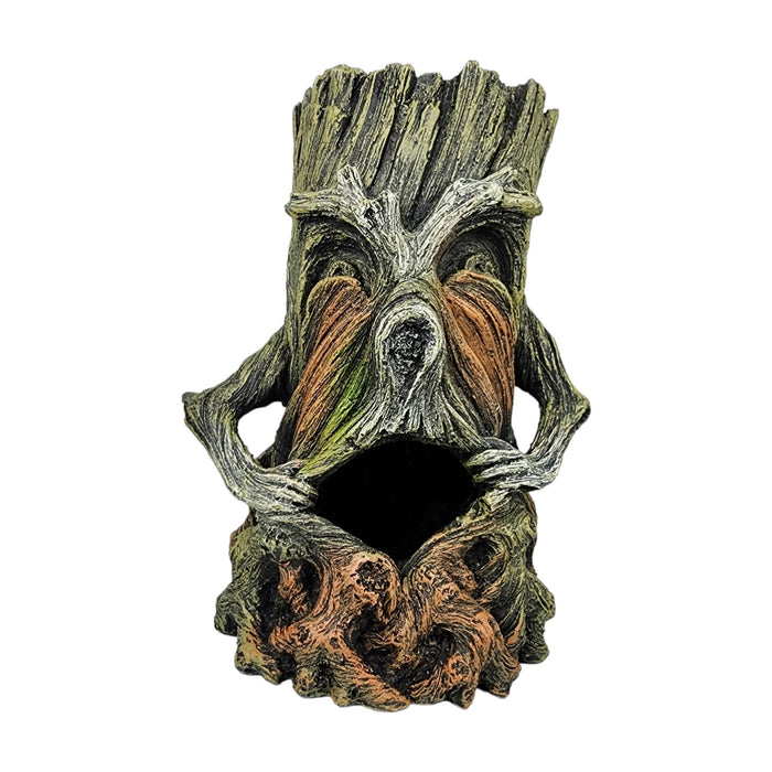 Smiling Tree Stump Ornament for aquarium decoration, featuring cheerful design with vibrant colors and intricate details.