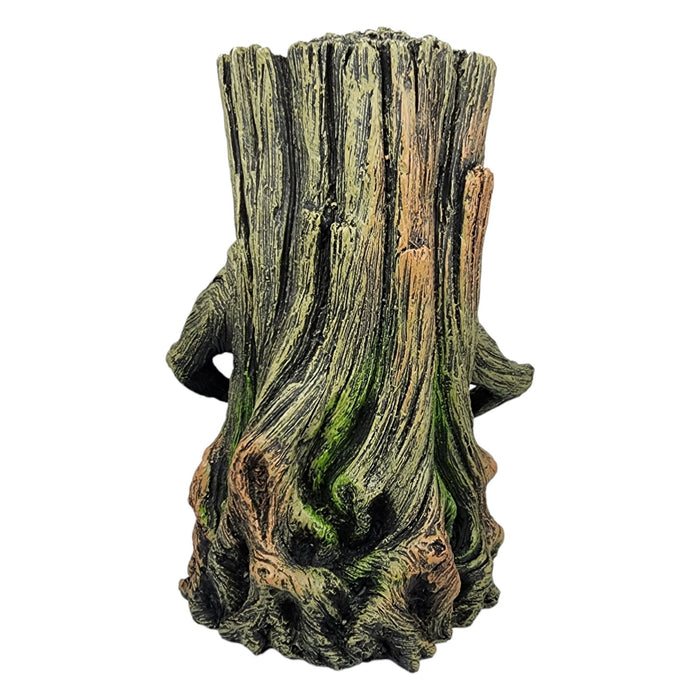 Smiling Tree Stump Ornament for aquarium decor, featuring detailed wood texture and cheerful design, 14 x 11 x 19cm.