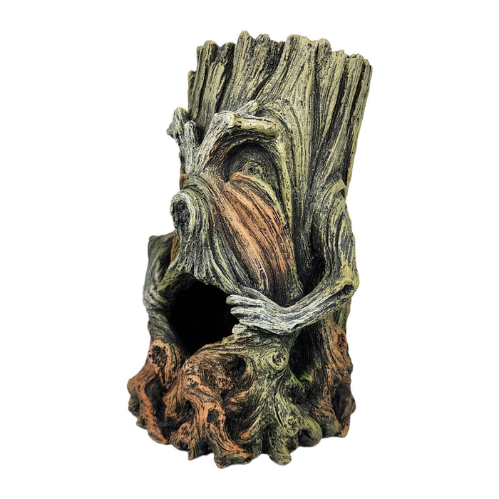 Smiling Tree Stump Ornament for aquariums, charming design, enhances aquatic aesthetics, 14 x 11 x 19cm.