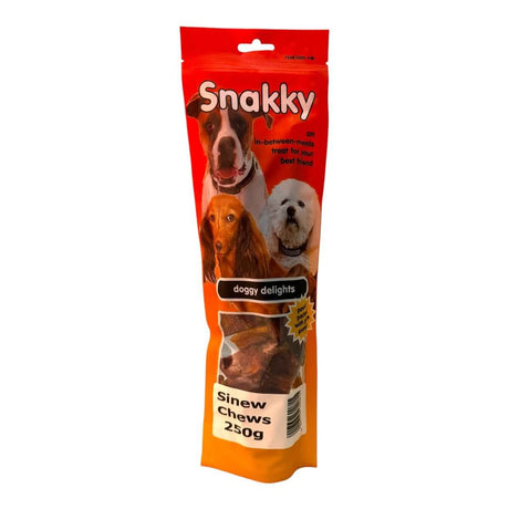Snakky Doggy Delights Treats 250g packaging featuring images of happy dogs, ideal for rewarding your furry friend.