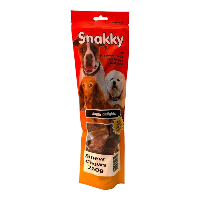 Snakky Doggy Delights Treats 250g packaging featuring images of happy dogs, ideal for rewarding your furry friend.