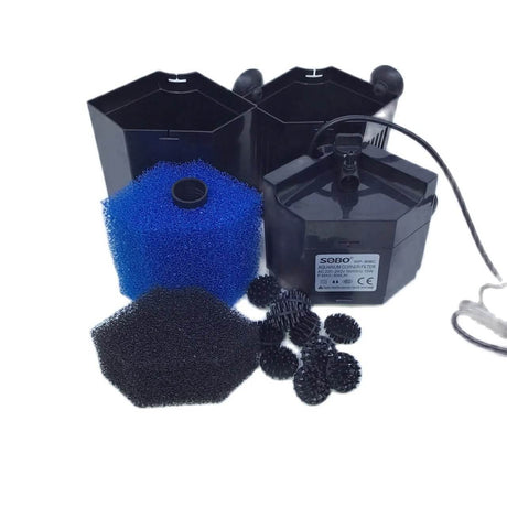 SOBO Aquarium Corner Filters set with blue and black foam media for optimal water clarity and filtration efficiency.