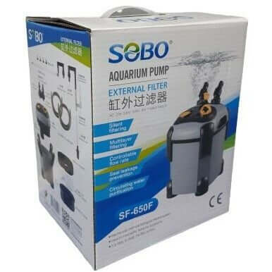 SOBO aquarium pump box showcasing external filter features and specifications for freshwater and marine use.