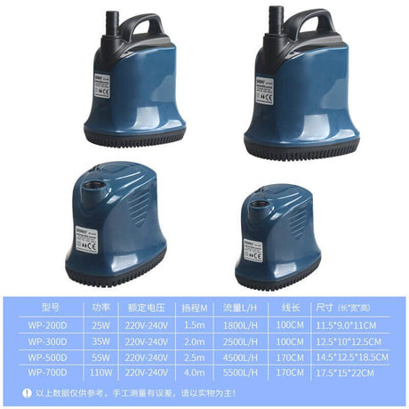 SOBO D-Series Submersible Water Pumps WP-200D, WP-300D, WP-500D, WP-700D with specifications and dimensions.