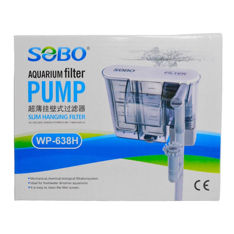 SOBO Hang On Back Filter WP-638H packaging for efficient aquarium filtration system. Ideal for freshwater tanks.