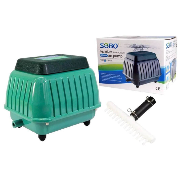 SOBO High Power Air Compressor SB-60B with accessories and packaging, ideal for pond aeration and fish health.